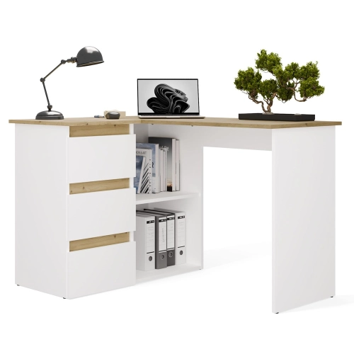 Biurko narożne, białe matowe/dąb artisan 120 cm, lewe Nicea
