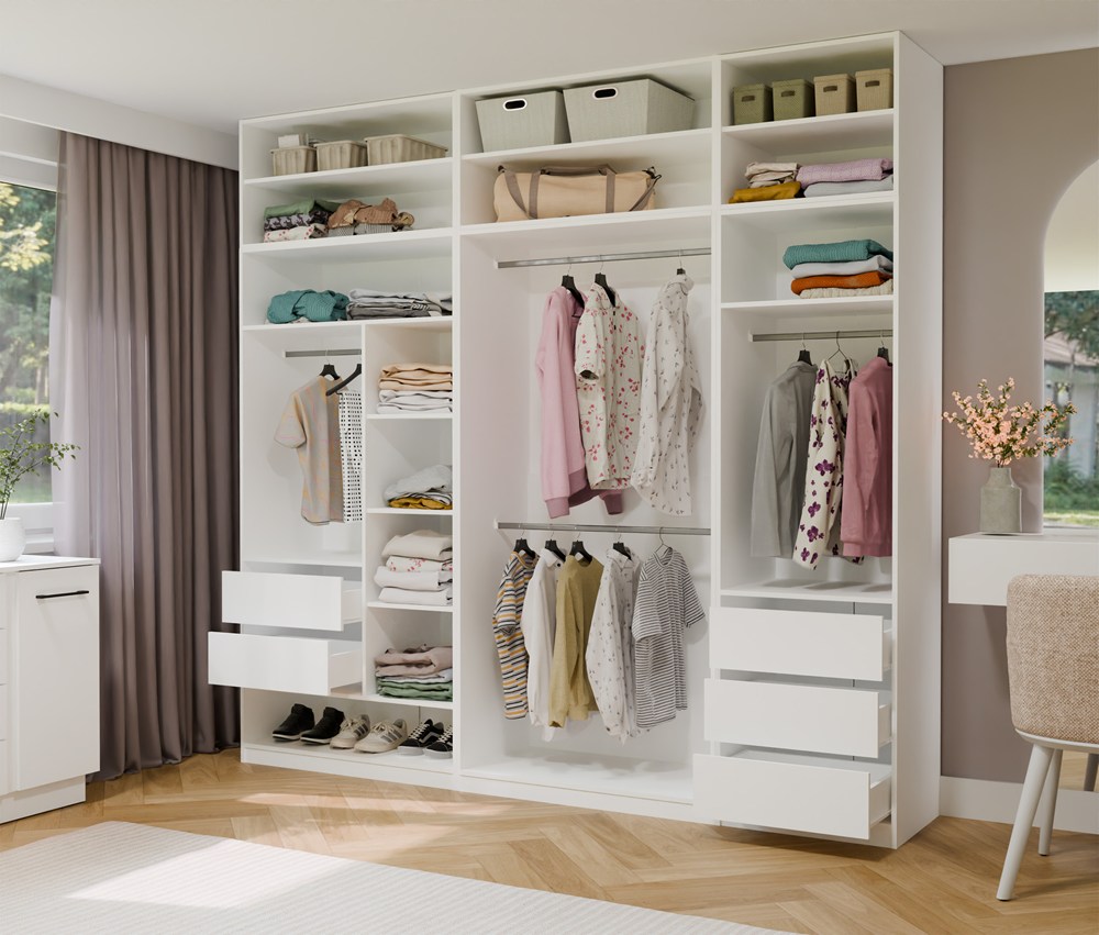 Garderoba Szafa OPENO 1W1P3S BIAŁA Modułowa Regał z Drążkiem 3 Szuflady