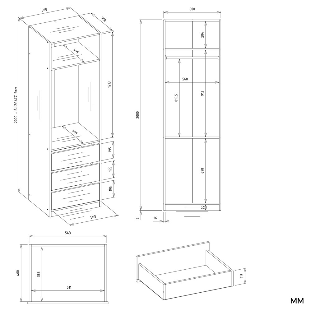 Garderoba Szafa OPENO 1W1P3S BIAŁA Modułowa Regał z Drążkiem 3 Szuflady