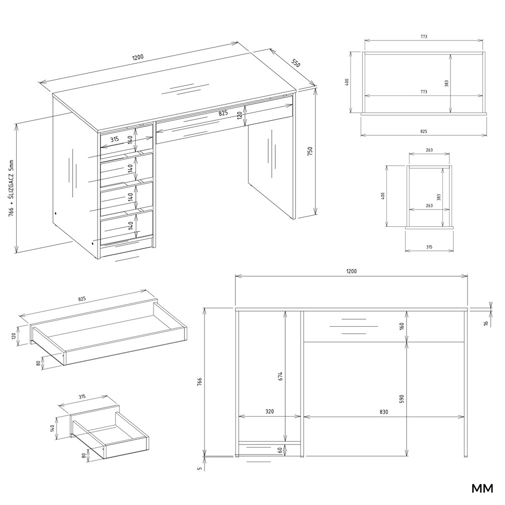 Biurko ARTO BIAŁE 120 CM 5 Szuflad Szafka Nowoczesne Do Pracy Domu Biura