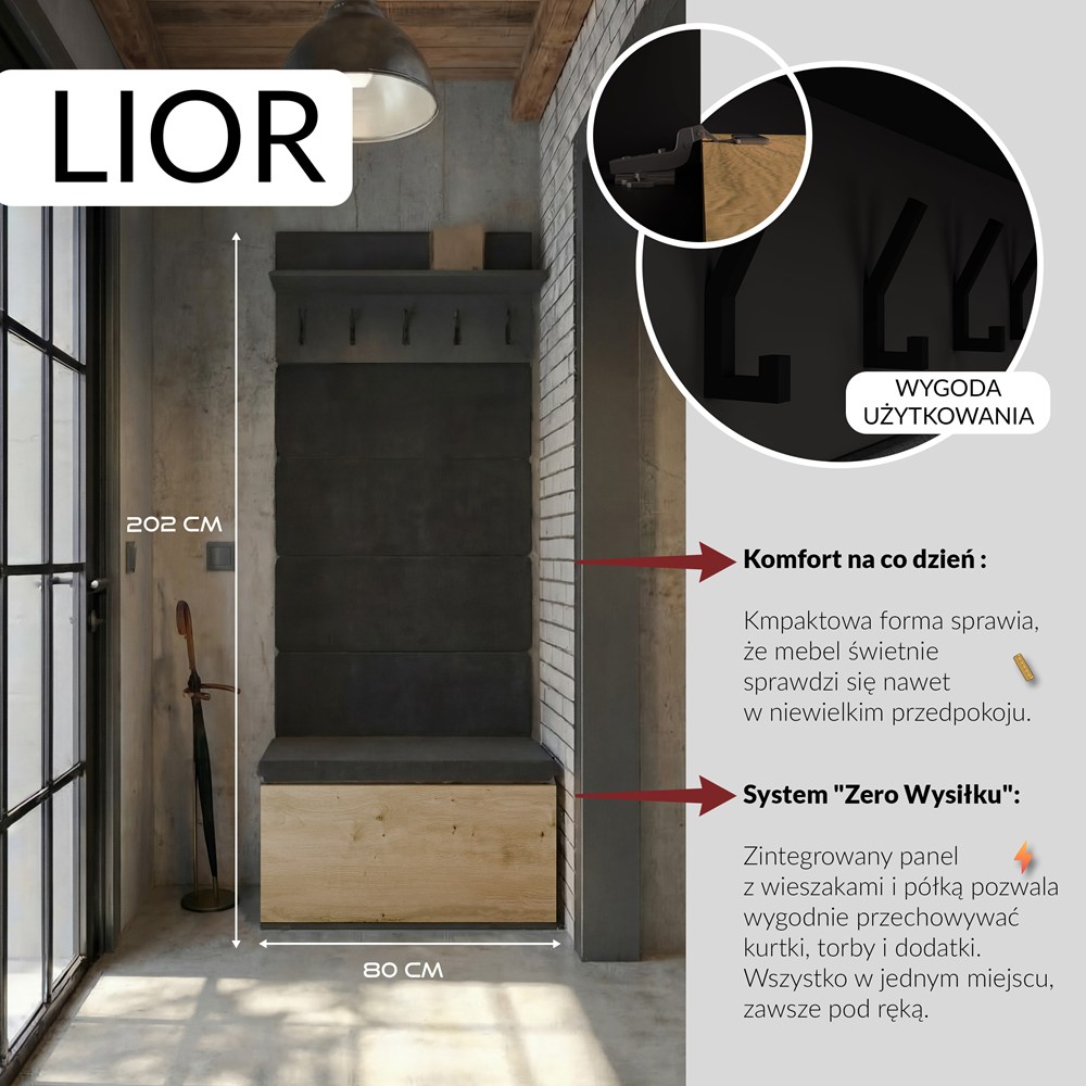 Wieszak + Szafka LIOR CZERŃ / DĄB ARTISAN Do Przedpokoju
