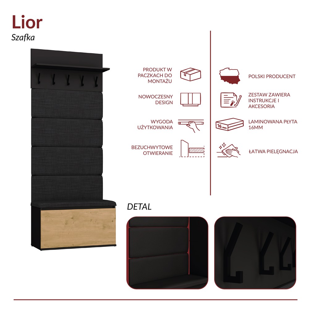 Wieszak + Szafka LIOR CZERŃ / DĄB ARTISAN Do Przedpokoju
