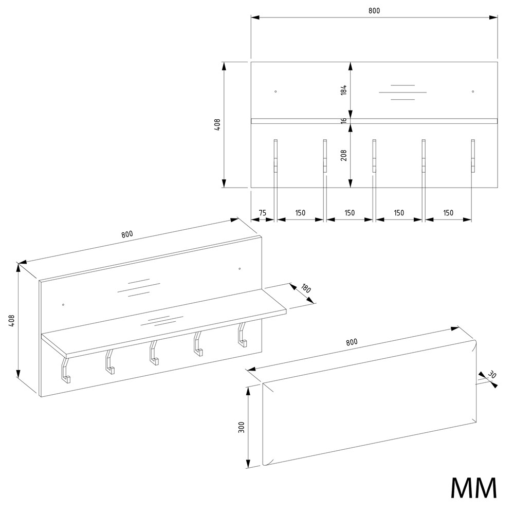 Wieszak + Szafka LIOR CZERŃ / DĄB ARTISAN Do Przedpokoju
