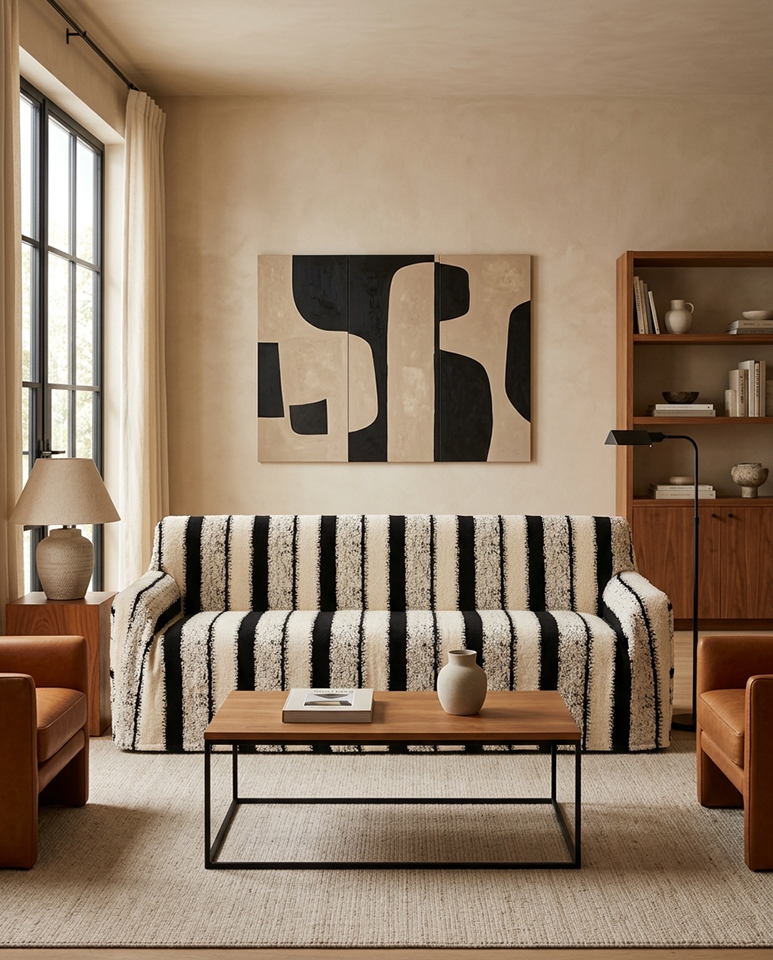 Pokrowiec na sofę w paski SHP VERTE beżowy / czarny