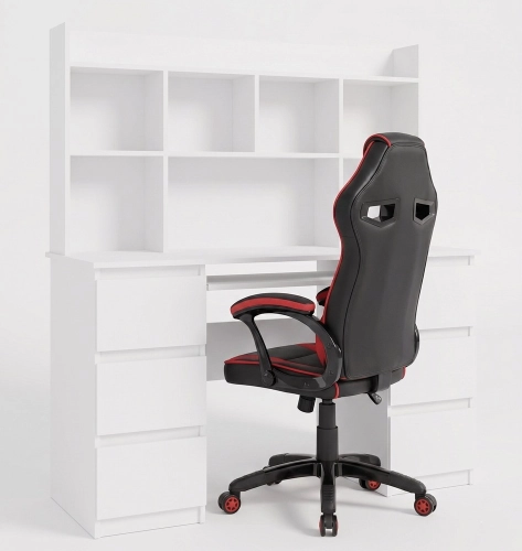 Biurko białe matowe 130 cm, z nadstawka Kuba + Fotel czerwony Drift