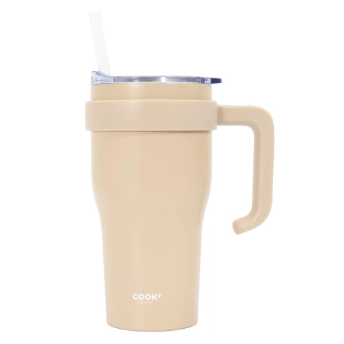 Kubek termiczny z uchwytem i słomką beżowy 600 ml, Miami