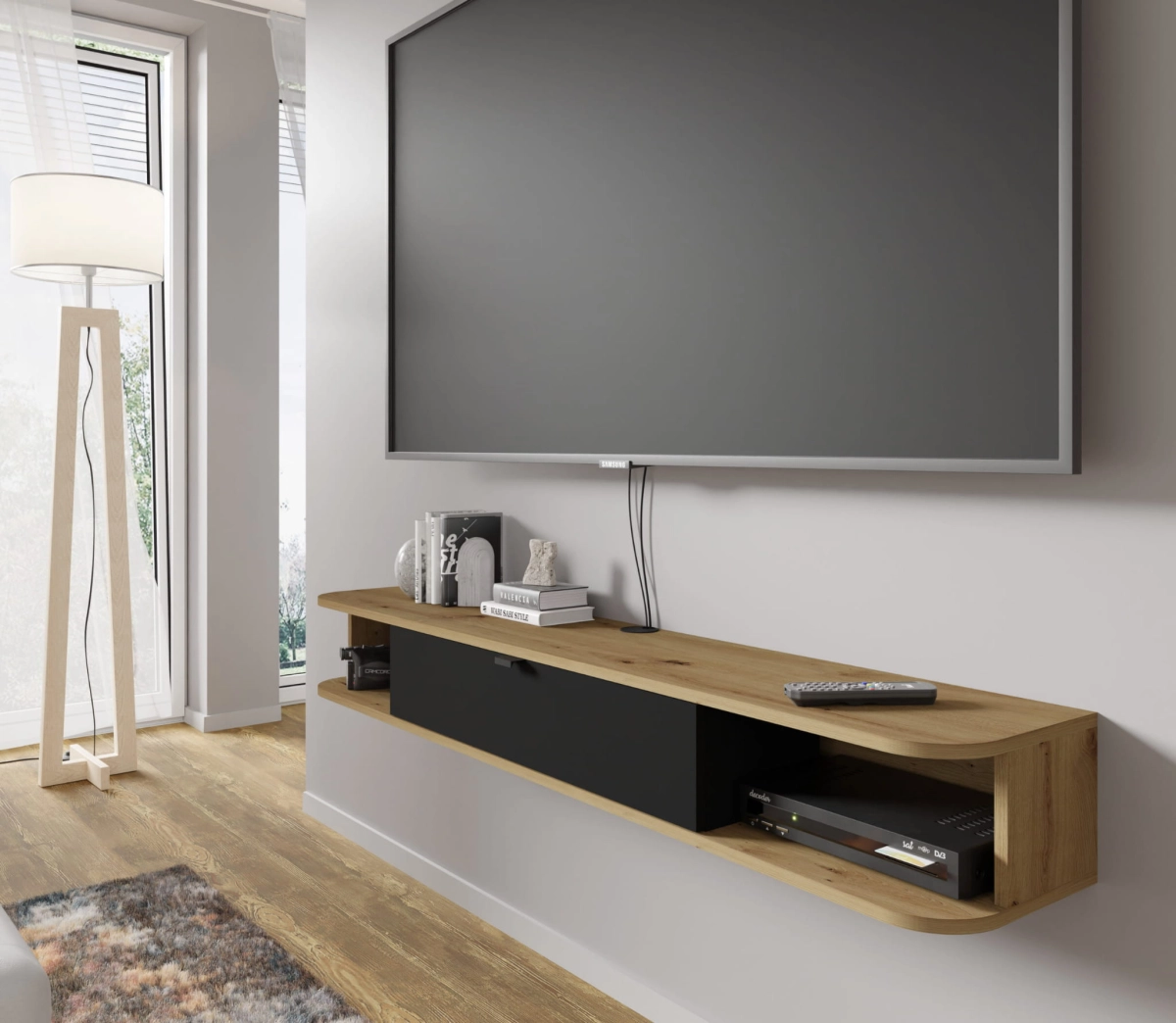 Szafka RTV wisząca Icarus 156 dąb artisan / czarny mat