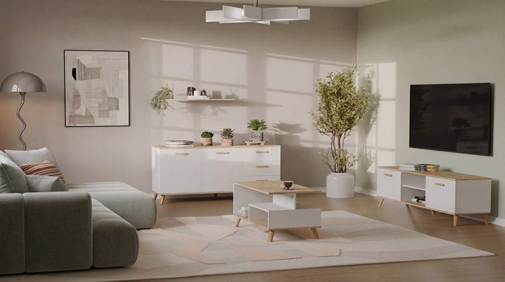 Komoda OLYMPO 2D3S BIAŁA DĄB ARTISAN Szafka 150 Cm 3 Szuflady 2 Drzwi