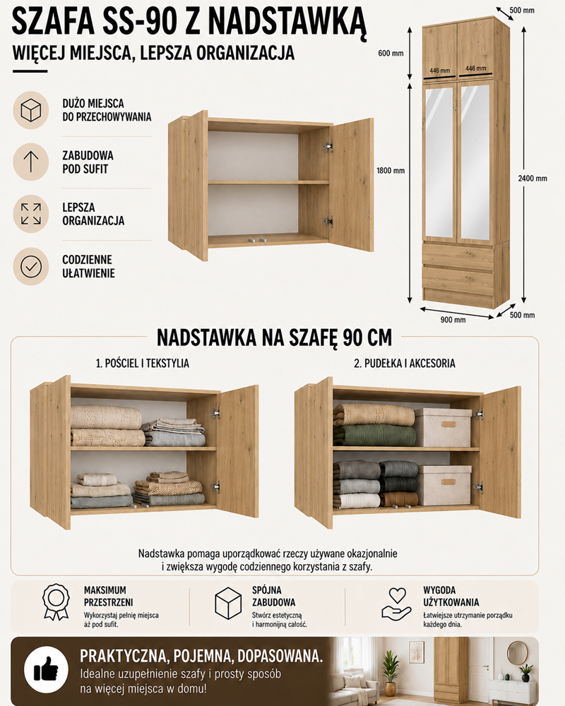 SZAFA Malwa SS-90 Z Lustrem z Nadstawką DĄB ARTISAN 2 Drzwi 2 Szuflady Do Pokoju