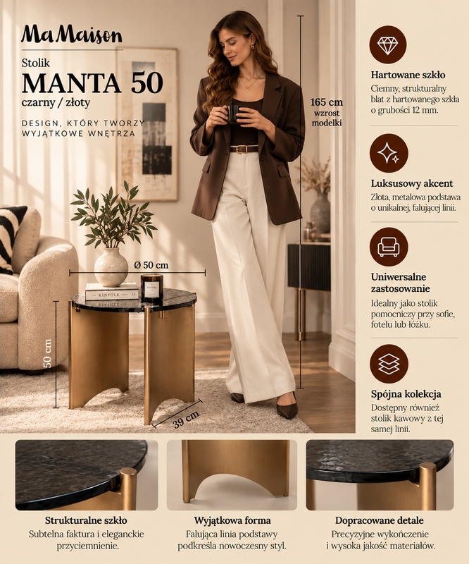 MaMaison stolik MANTA 50 czarny / złoty