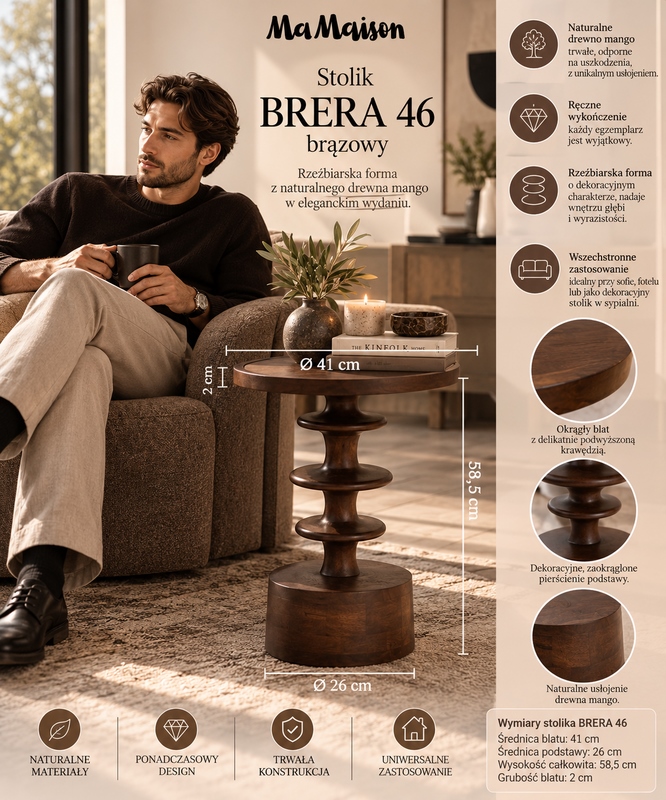 MaMaison stolik BRERA 46 brązowy / drewno mango
