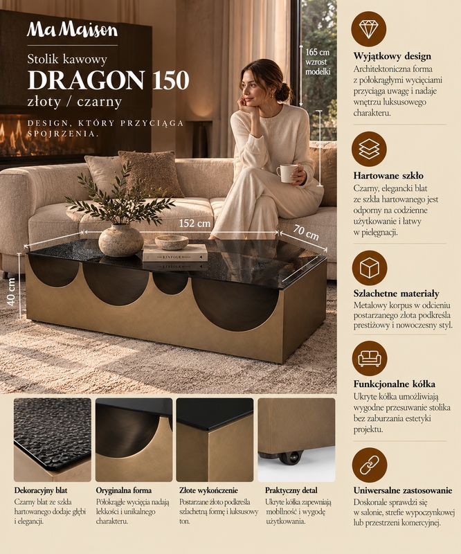 MaMaison stolik kawowy DRAGON 150 złoty / czarny