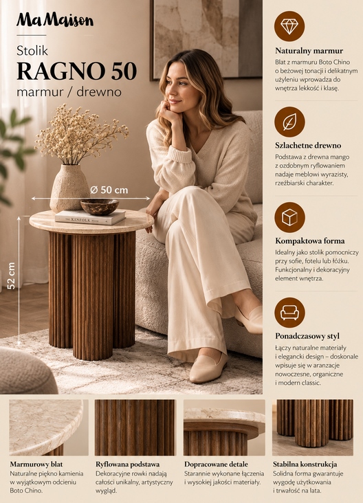 MaMaison stolik RAGNO 50 marmur / drewno