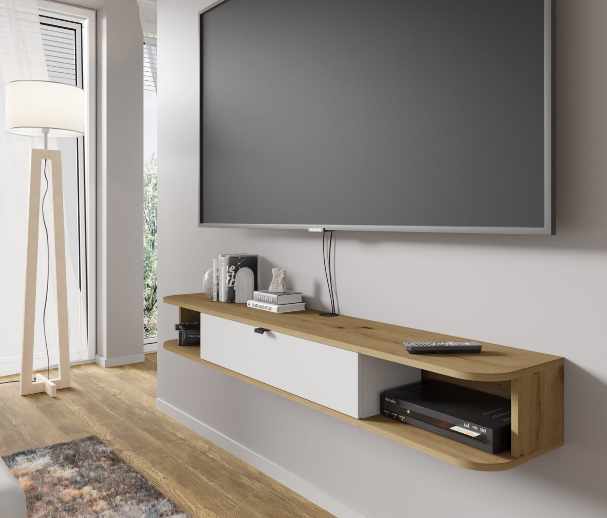 Szafka RTV wisząca Icarus 156 dąb artisan / biały mat