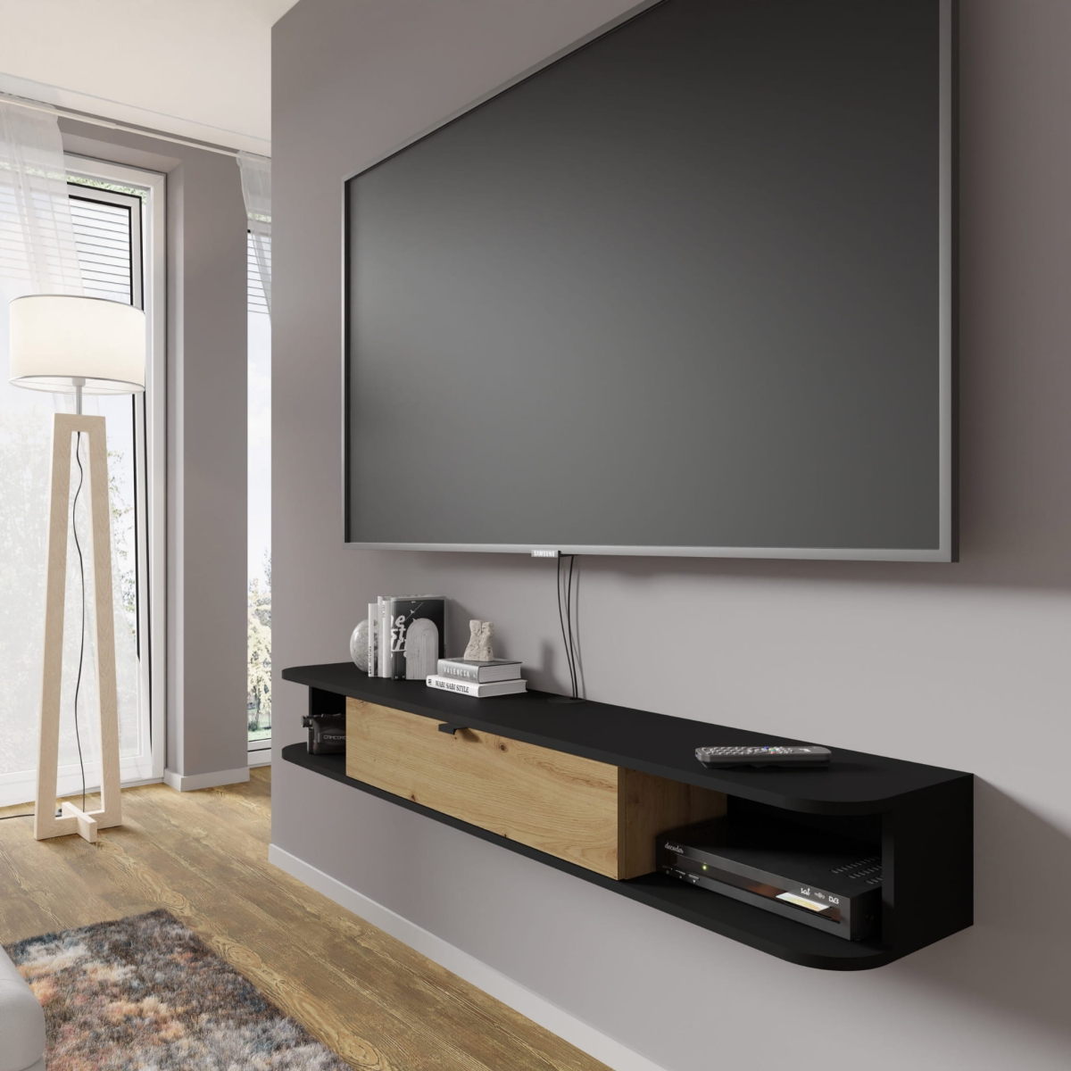 Szafka RTV wisząca Icarus 156 czarny mat / dąb artisan