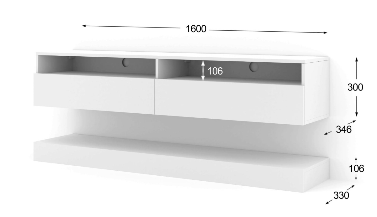 Szafka RTV DUO 160 cm wisząca + panel biały mat (*opcja LED)