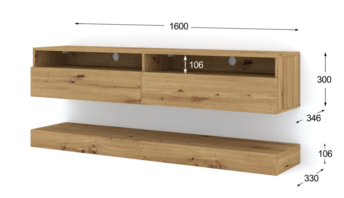 Szafka RTV DUO 160 cm wisząca + panel dąb artisan (*opcja LED)