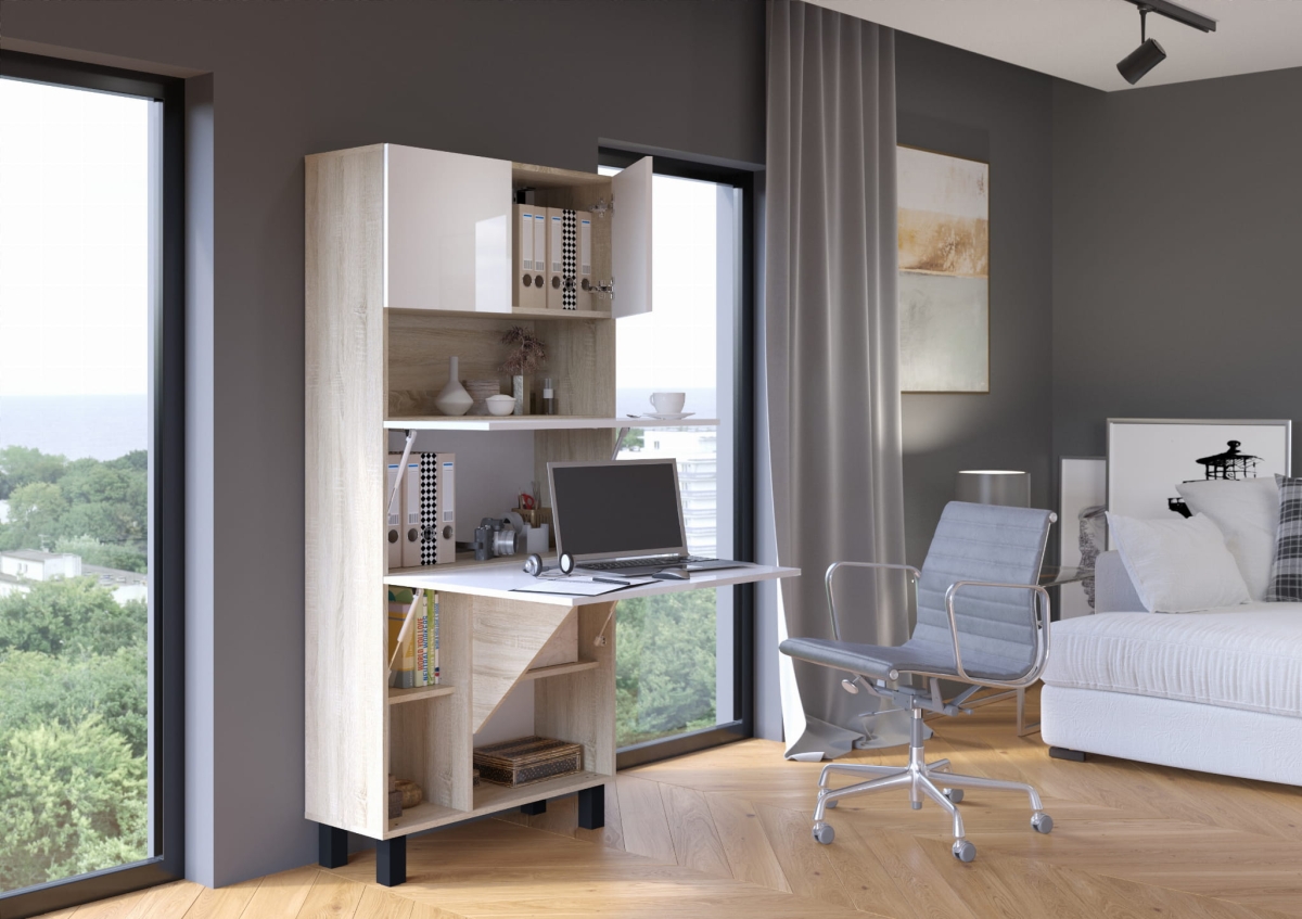 Biurko rozkładane regał Homi dąb sonoma / biały połysk