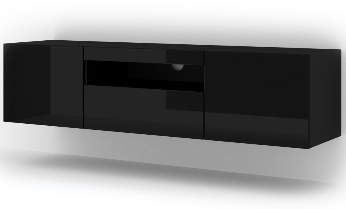 Szafka RTV Aura 150 cm uniwersalna wisząca stojąca czarny połysk (*opcja LED)