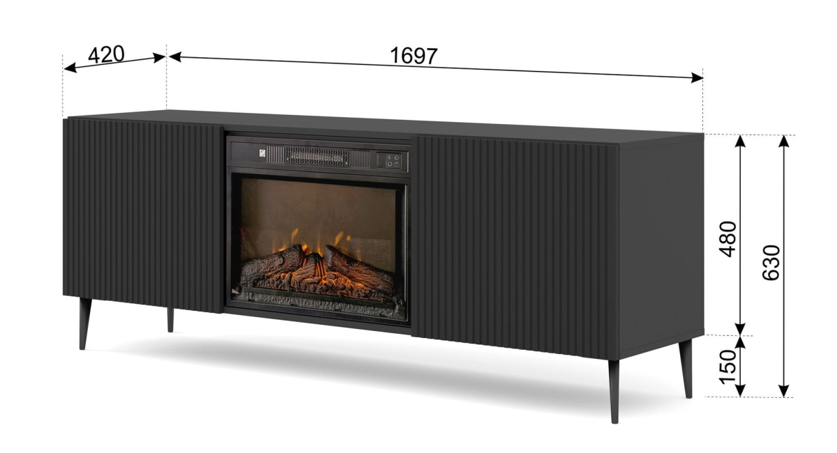 Szafka RTV RAVENNA F 177 cm z kominkiem 2D czarny / czarny