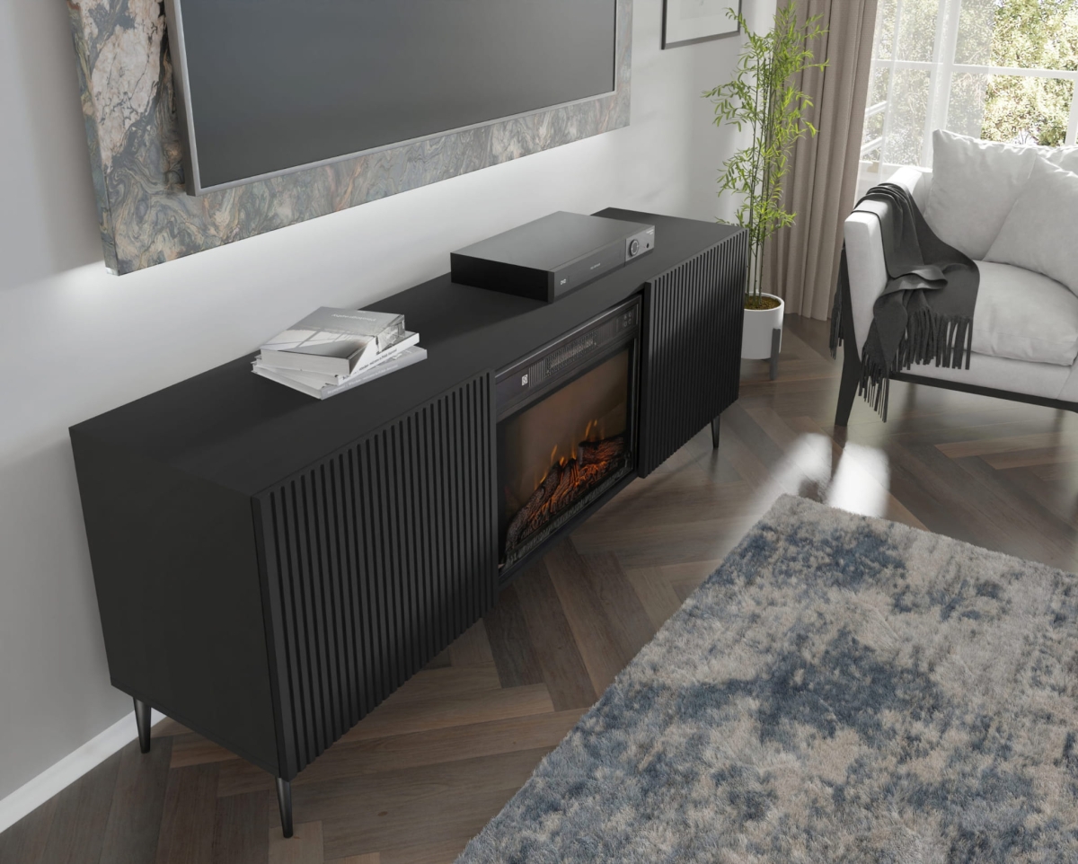 Szafka RTV RAVENNA F 177 cm z kominkiem 2D czarny / czarny