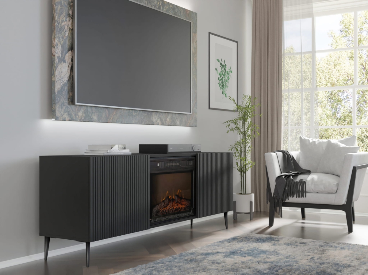 Szafka RTV RAVENNA F 177 cm z kominkiem 2D czarny / czarny