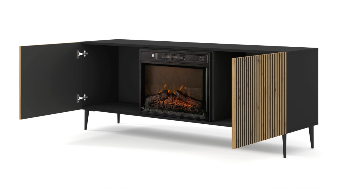 Szafka RTV RAVENNA F 177 cm z kominkiem 2D czarny / czarny artisan