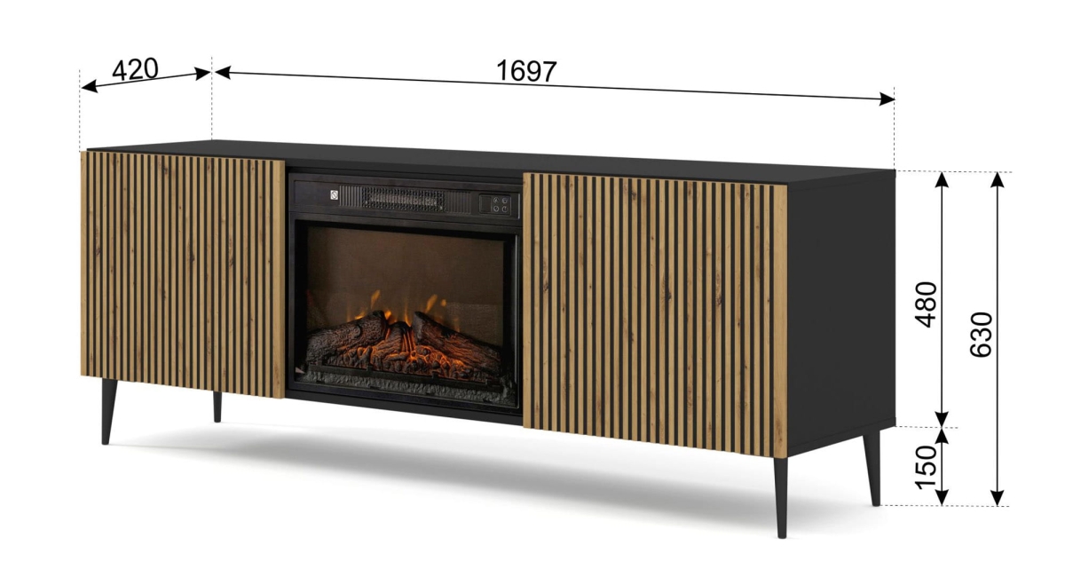 Szafka RTV RAVENNA F 177 cm z kominkiem 2D czarny / czarny artisan