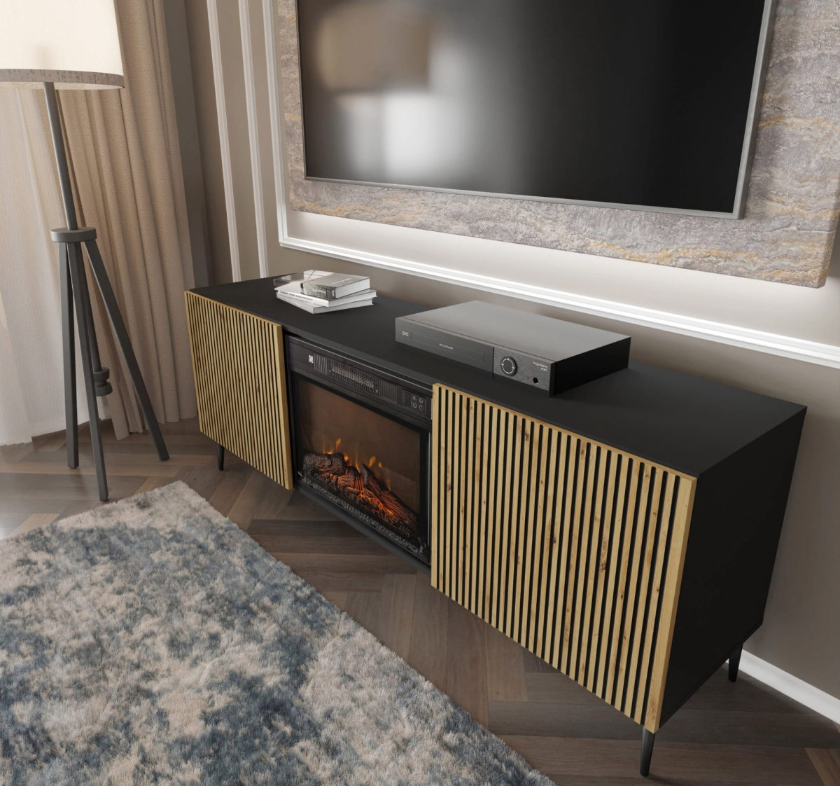 Szafka RTV RAVENNA F 177 cm z kominkiem 2D czarny / czarny artisan