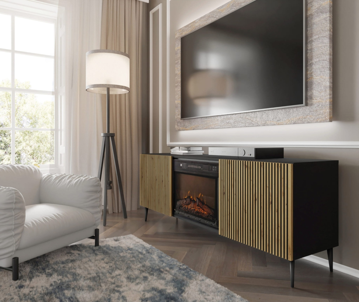 Szafka RTV RAVENNA F 177 cm z kominkiem 2D czarny / czarny artisan