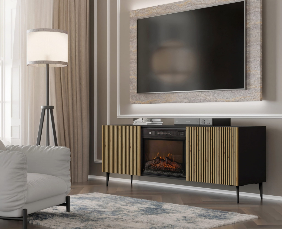 Szafka RTV RAVENNA F 177 cm z kominkiem 2D czarny / czarny artisan