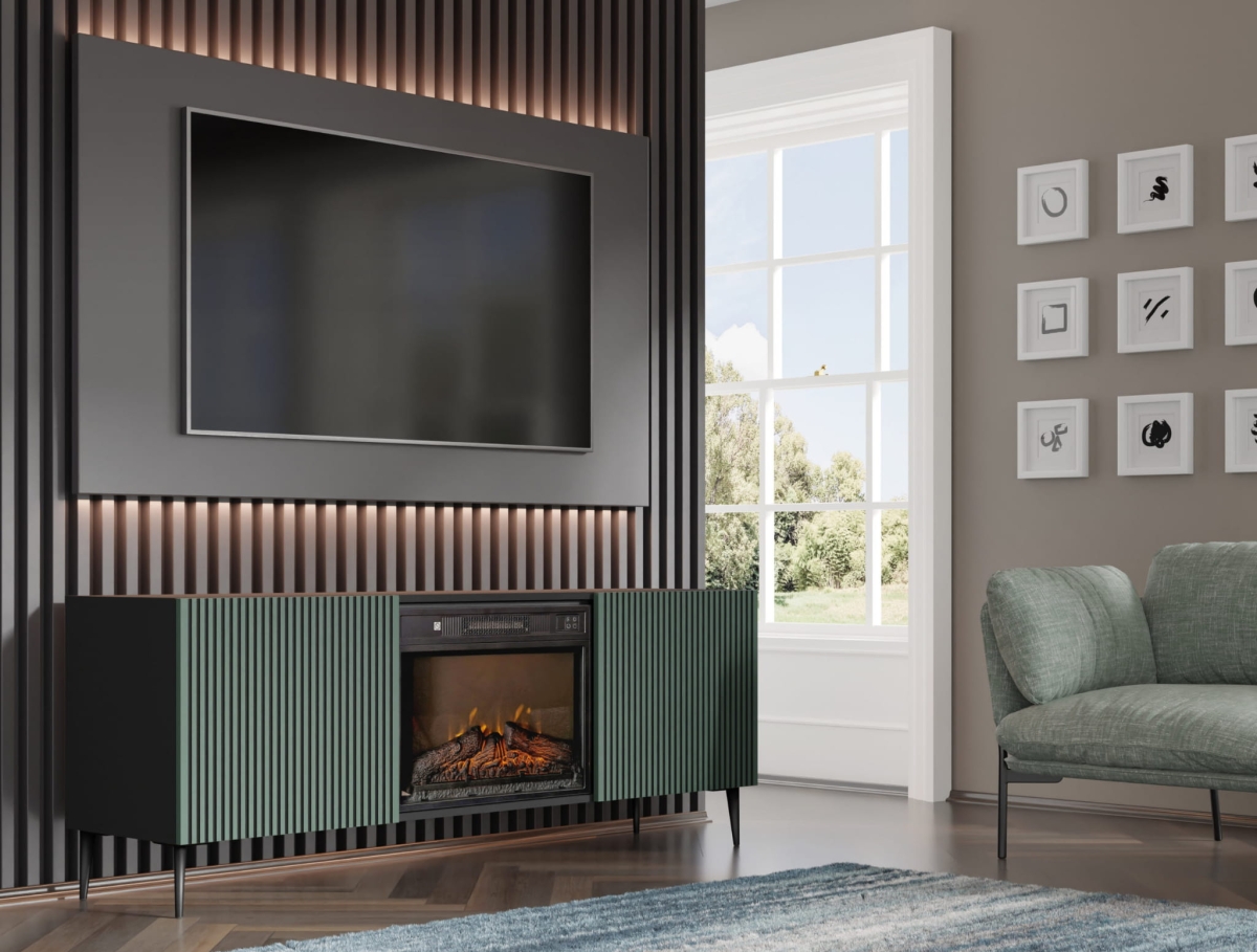 Szafka RTV RAVENNA F 177 cm z kominkiem 2D czarny mat / zieleń