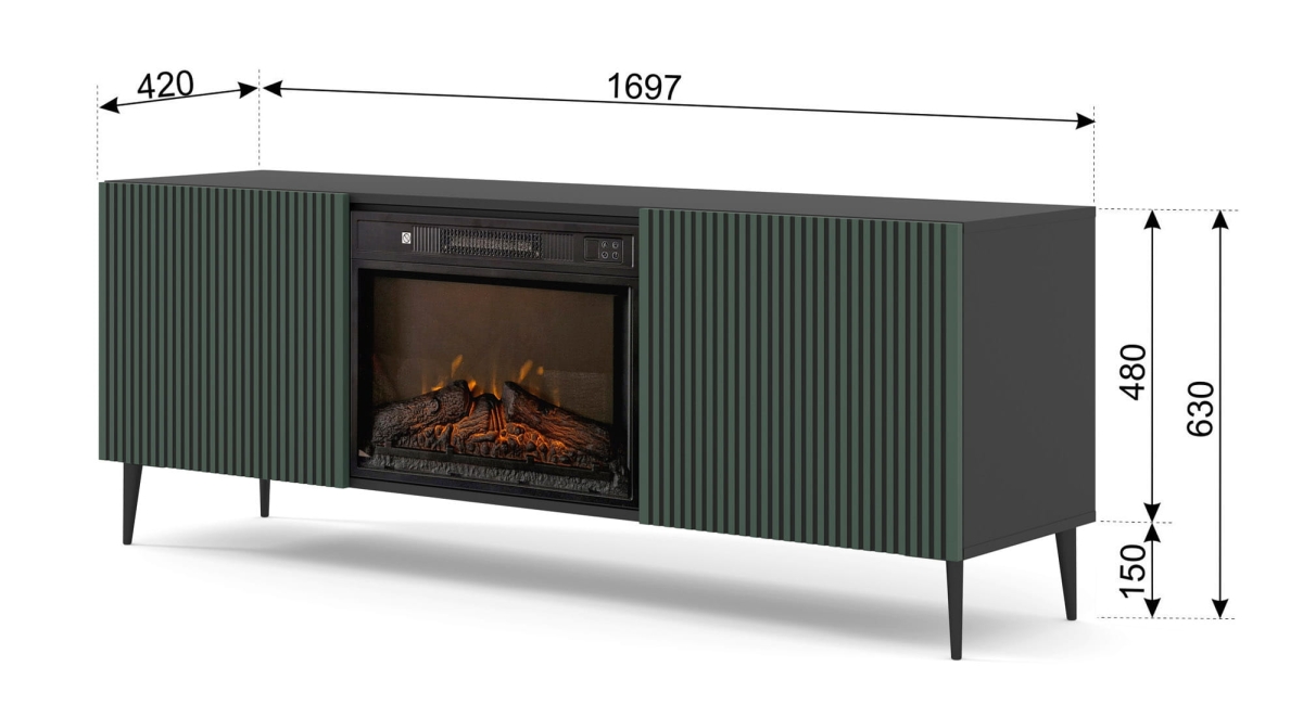 Szafka RTV RAVENNA F 177 cm z kominkiem 2D czarny mat / zieleń