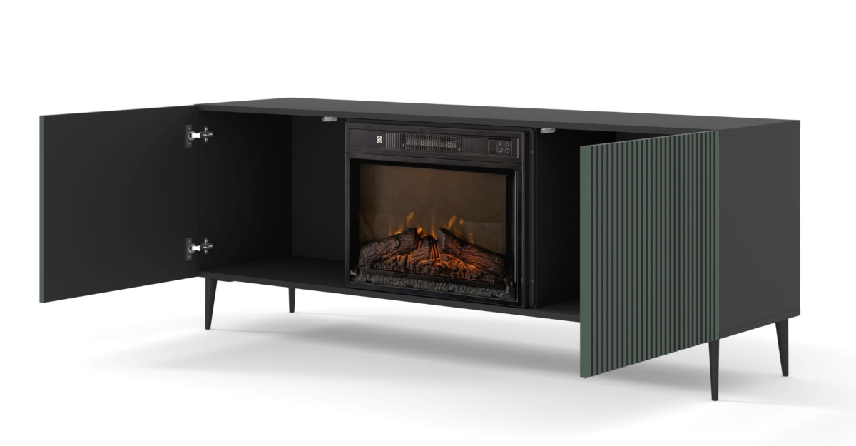 Szafka RTV RAVENNA F 177 cm z kominkiem 2D czarny mat / zieleń