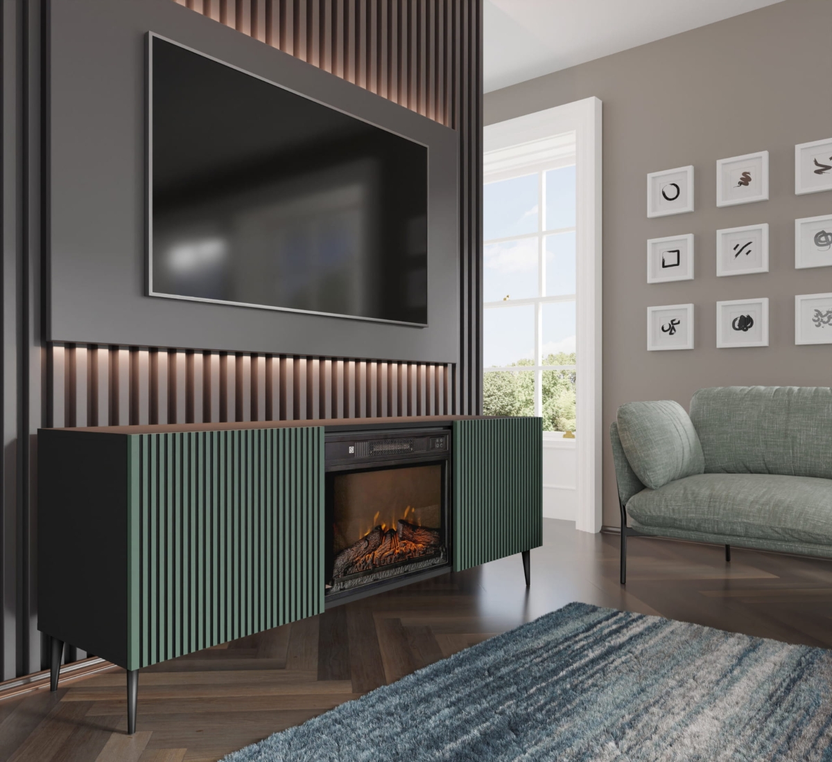 Szafka RTV RAVENNA F 177 cm z kominkiem 2D czarny mat / zieleń