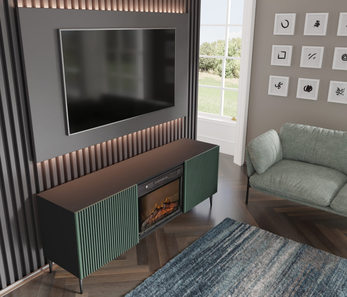 Szafka RTV RAVENNA F 177 cm z kominkiem 2D czarny mat / zieleń