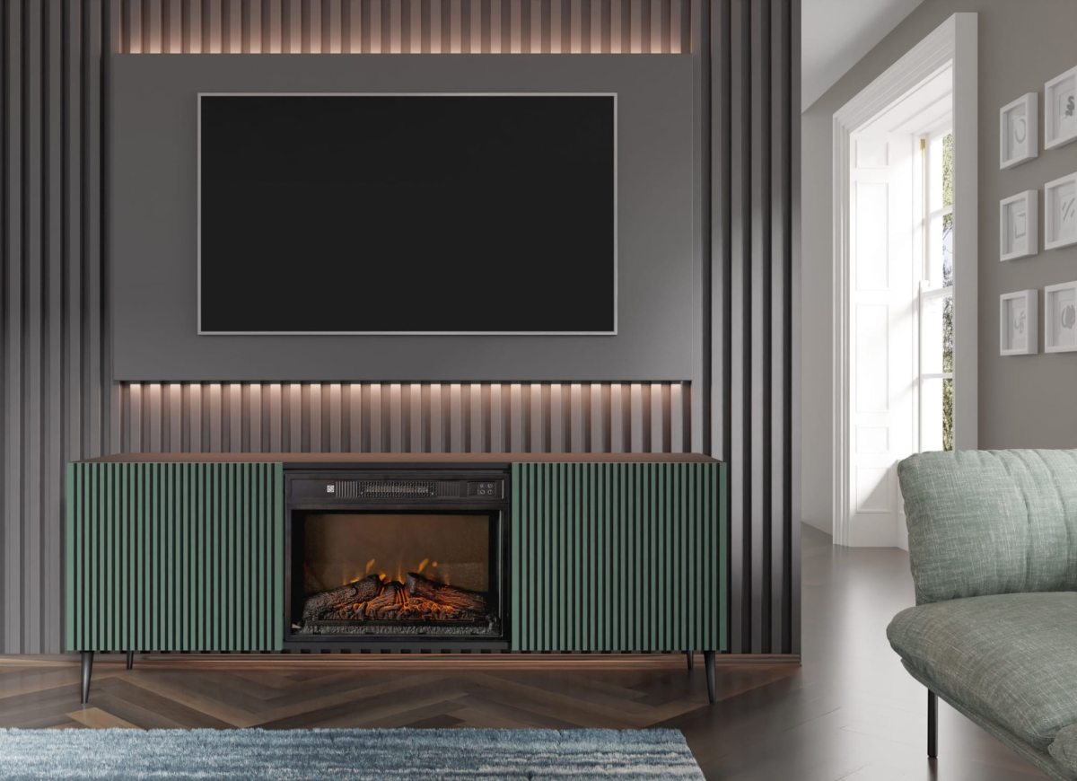 Szafka RTV RAVENNA F 177 cm z kominkiem 2D czarny mat / zieleń