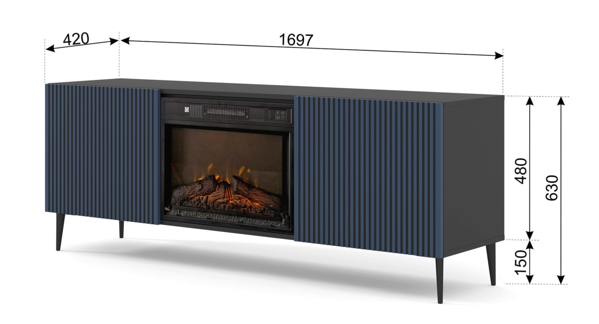 Szafka RTV RAVENNA F 177 cm z kominkiem 2D czarny mat / granat