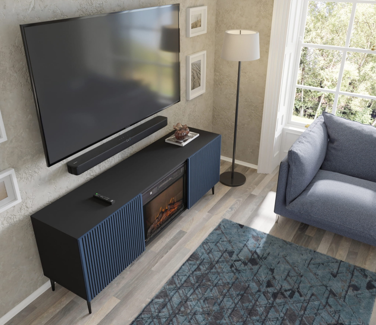 Szafka RTV RAVENNA F 177 cm z kominkiem 2D czarny mat / granat