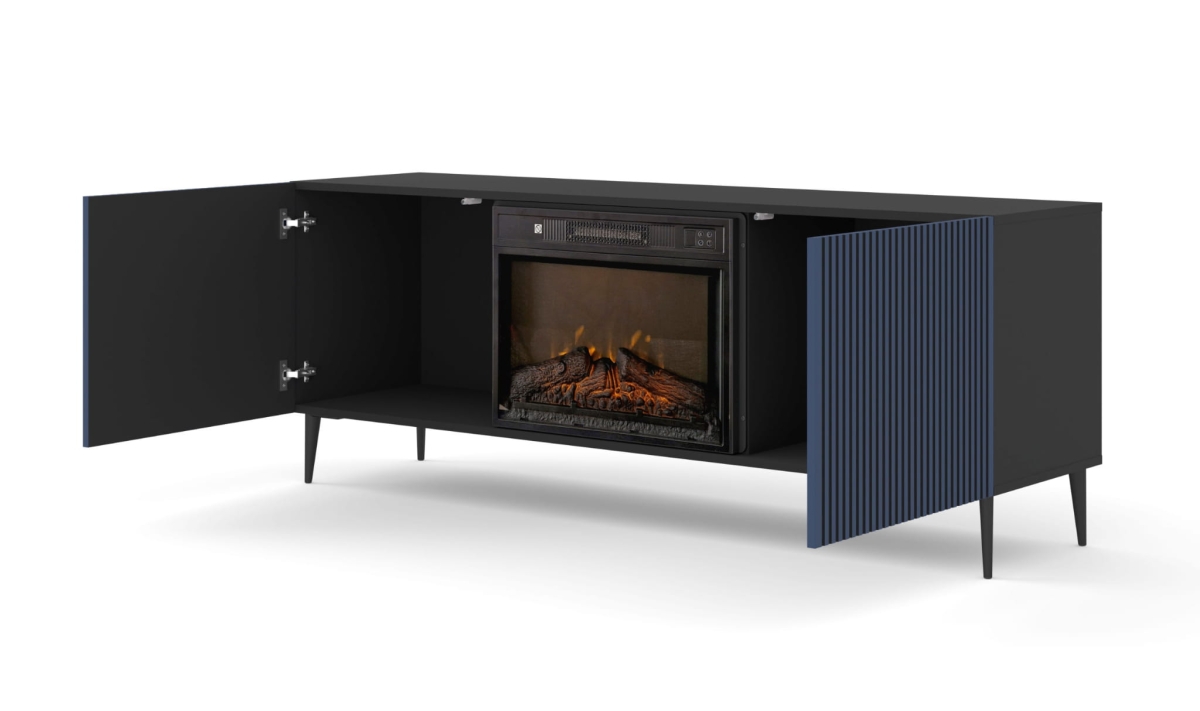 Szafka RTV RAVENNA F 177 cm z kominkiem 2D czarny mat / granat