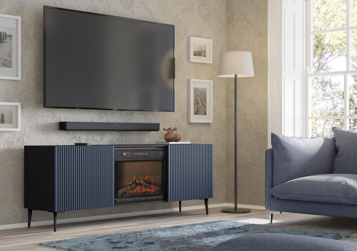 Szafka RTV RAVENNA F 177 cm z kominkiem 2D czarny mat / granat