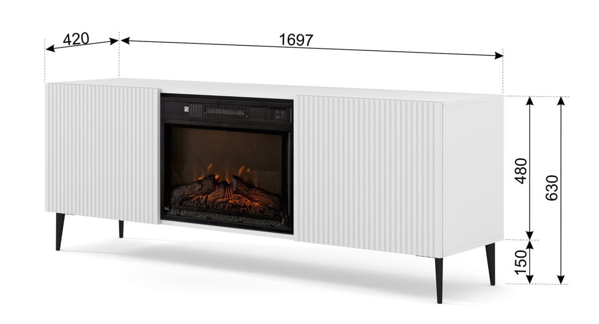 Szafka RTV RAVENNA F 177 cm z kominkiem 2D miały mat / biały mat