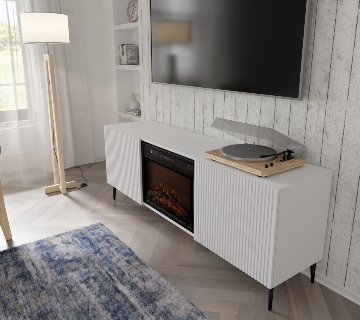 Szafka RTV RAVENNA F 177 cm z kominkiem 2D miały mat / biały mat