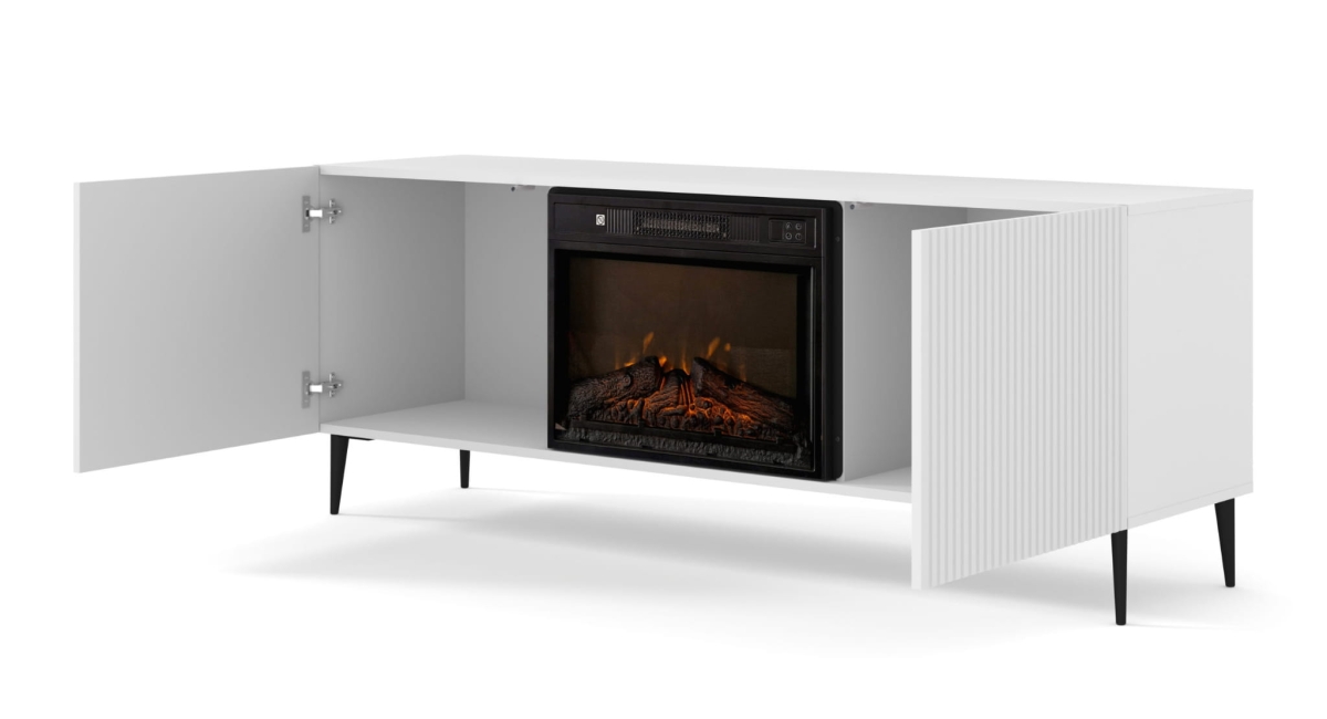 Szafka RTV RAVENNA F 177 cm z kominkiem 2D miały mat / biały mat