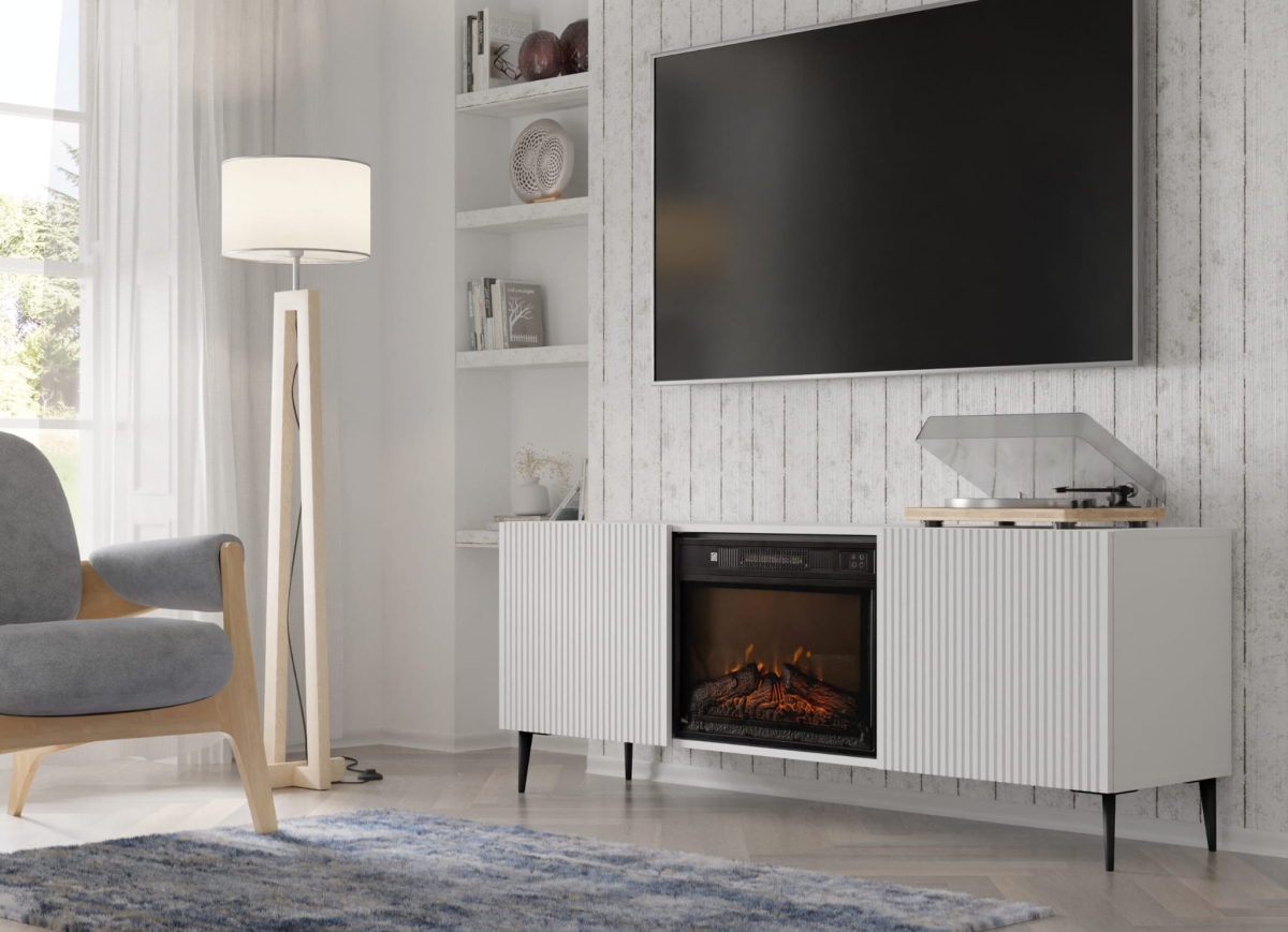 Szafka RTV RAVENNA F 177 cm z kominkiem 2D miały mat / biały mat