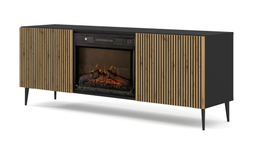 Szafka RTV z kominkiem elektrycznym, 170 cm czarna/dąb artisan do salonu, 2D Ravenna F