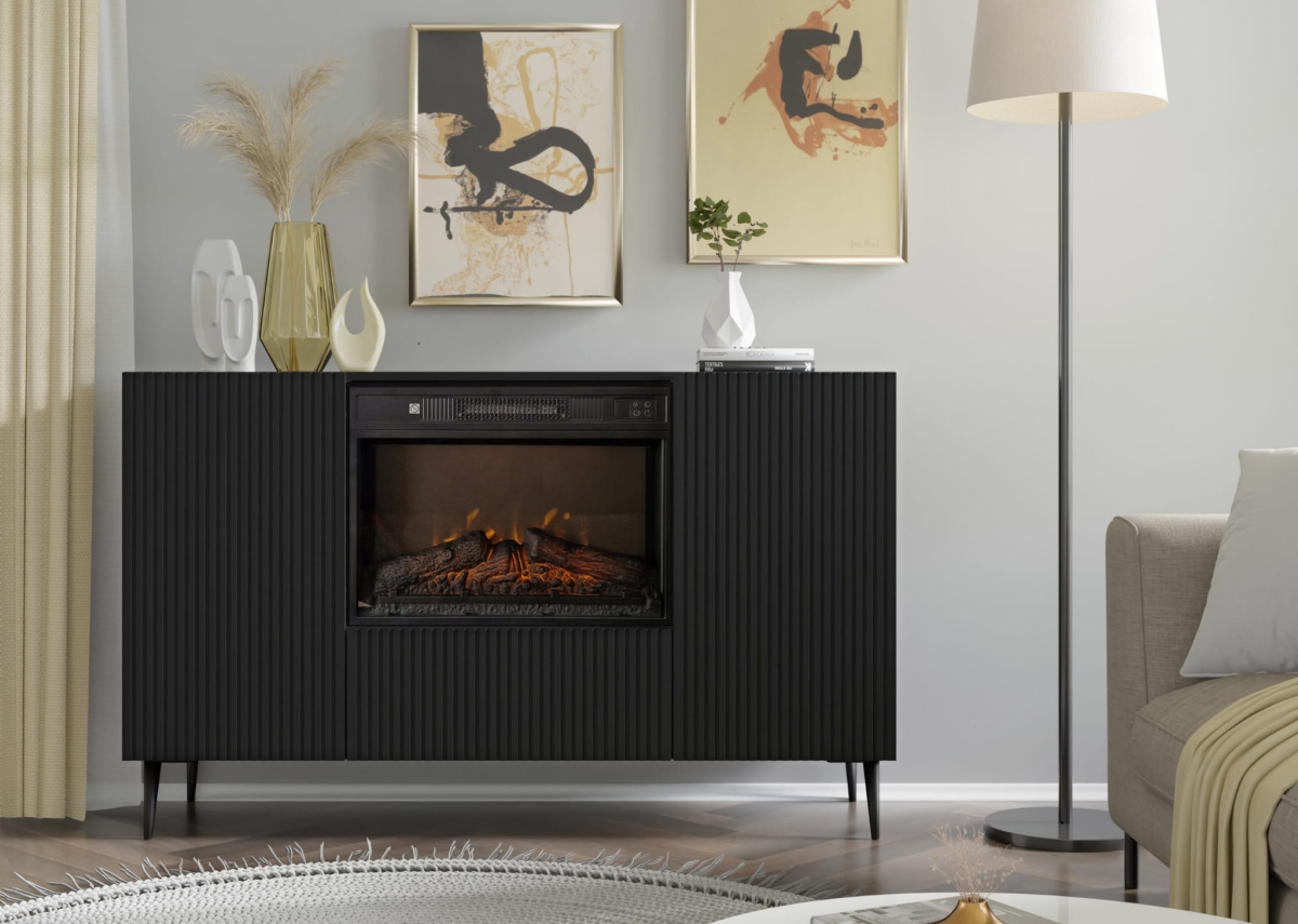Komoda RAVENNA B 140 cm z kominkiem 2D1K czarny mat