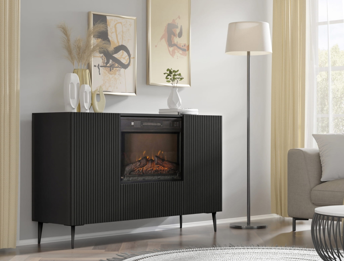Komoda RAVENNA B 140 cm z kominkiem 2D1K czarny mat