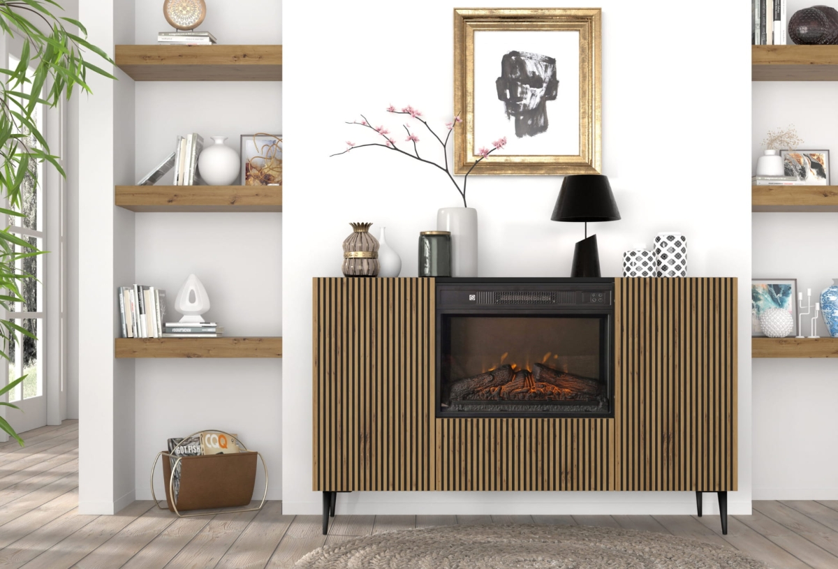 Komoda RAVENNA F 140 cm z kominkiem 2D1K czarny mat / dąb artisan