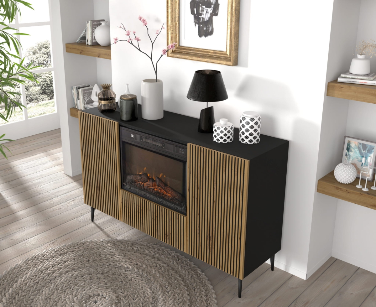 Komoda RAVENNA F 140 cm z kominkiem 2D1K czarny mat / dąb artisan
